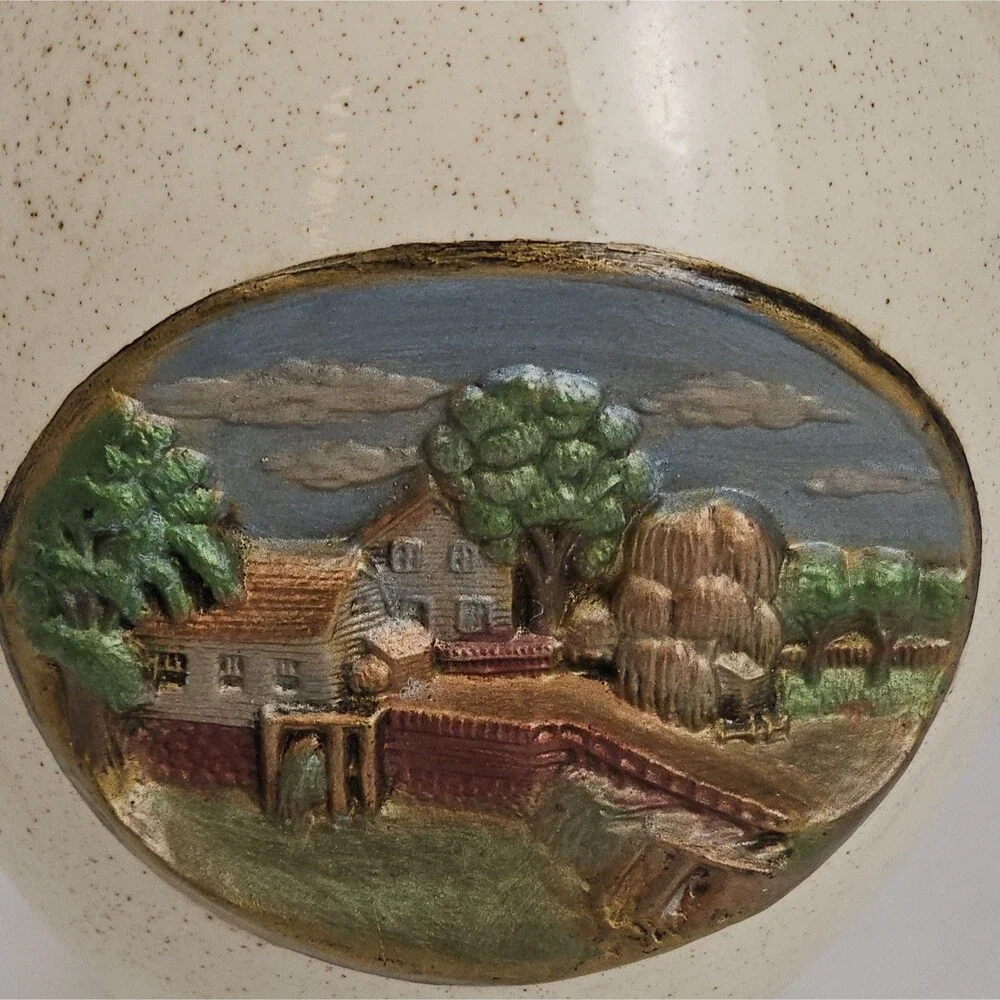 Vintage Speckled Ceramic Pitcher Farm Scene Relief Cream Rustic Country Decor
